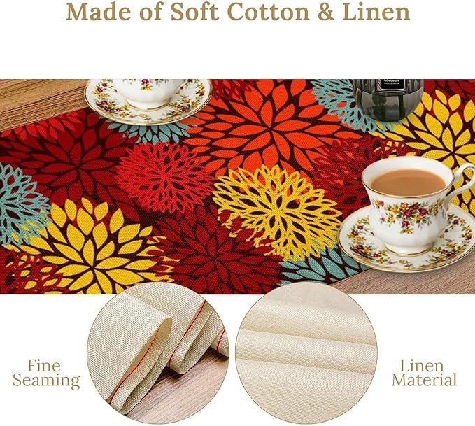 Red Yellow Dahlia Table Runner, Seasonal Autumn Thanksgiving Pattern Print for Home Kitchen Table Decor Dining Coffee Room Party Decor 13x120 Inch