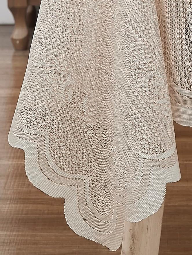 LinenZone Round Lace Tablecloth with Elegant Scalloped Bottom for Any Special Event Such as Wedding, Birthday Party, Baby Shower, Anniversary. Sits 4 to 6 People. (Linda 70 Round, Linen)