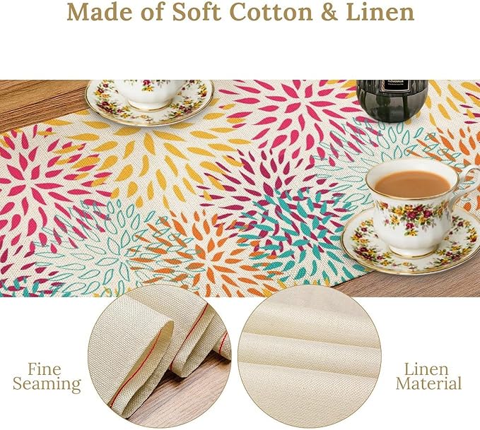 Abstract Flowers Table Runner, Chrysanthemum Dahlia Vintage Modern Colorful Spring Summer Elegant Table Runner for Party Kitchen Dining Living Room Laundry Room Decor, 13x108 Inch