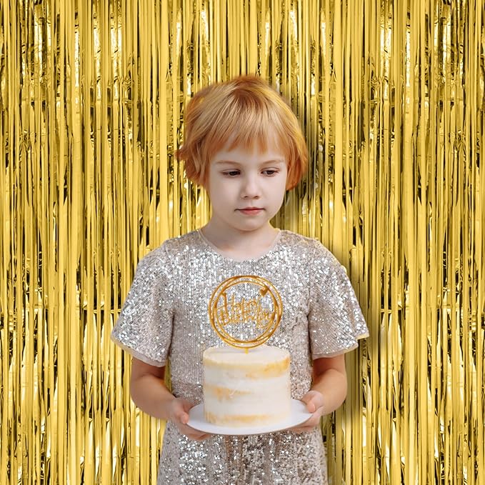 2 Pack Gold Foil Fringe Backdrop Curtains, Tinsel Streamers Birthday Party Decorations, Fringe Backdrop for Graduation, Baby Shower, Gender Reveal, Disco Party