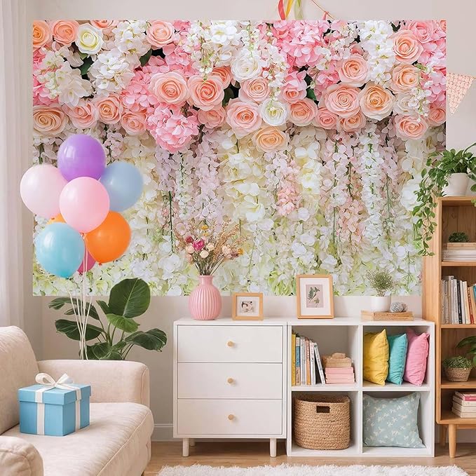 10x10ft Pink Rose Flower Wedding Photography Backdrop Spring Floral Photography Backdrop Valentine's Day Mother's Day Girl Birthday Baby Shower Wedding Bridal Party Banner Photo Booth Props Background