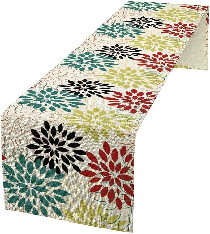 Abstract Red Dahlia Vintage Table Runner, Geometric Lines Mid Century Vintage Modern Colorful Table Runner for Party Kitchen Dining Living Room Laundry Room Decor, 13x70 Inch