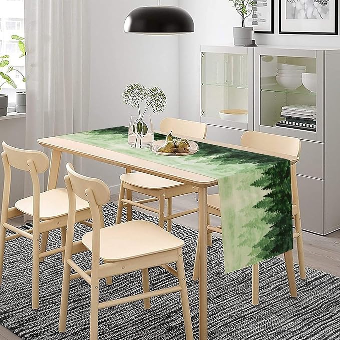 Foggy Forest Table Runner,Watercolor Wreen Misty Forest Landscape Table Runner for Kitchen Dining Table Home Party Decoration 13x60 Inch