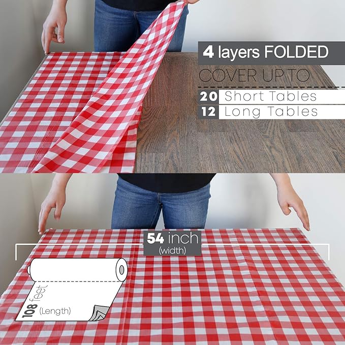 Disposable Tablecover Roll, Red Gingham Plastic, 54 in x 108 ft