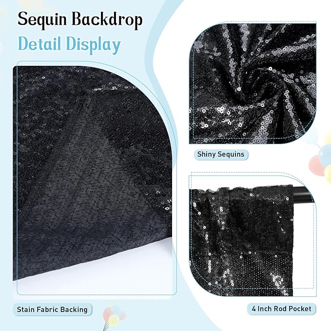 SquarePie Sequin Backdrop Curtain Less See Through Thick Background for Halloween Party 4FT x 8FT Black