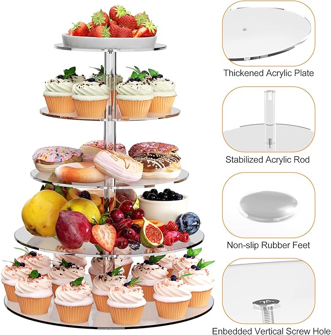 weddingwish 5 Tier Round Cupcake Stand for 50 Cupcakes, Acrylic Cupcake Display Stand, Clear Cupcake Tier Stand, Cupcake Holder Stand for Birthday Party Baby Shower
