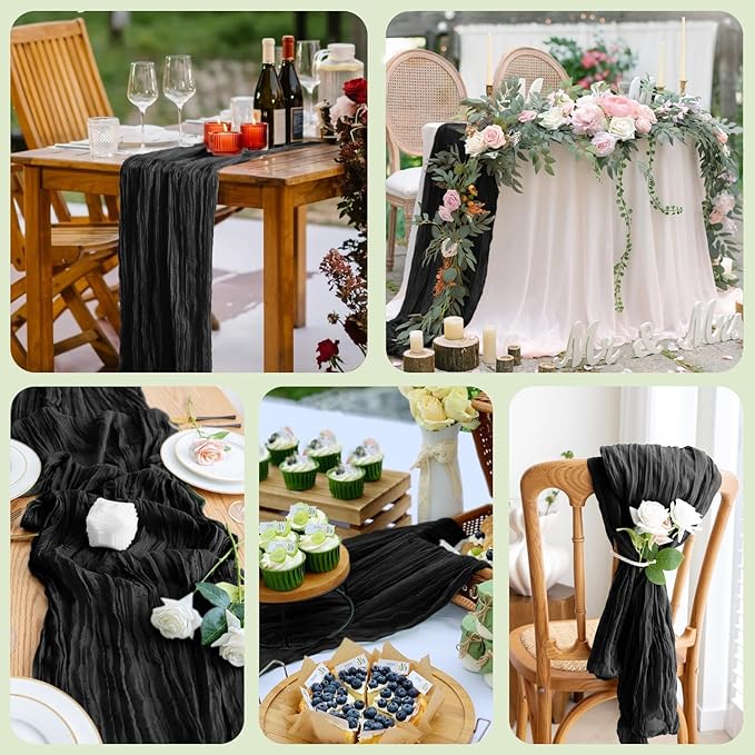 Asee'm 2pcs Cheesecloth Table Runner 120 Inches Long Black Boho Gauze Cheese Cloth Runner 10FT Rustic Sheer Table Runners for Christmas Wedding Party Baby Shower Spring Easter Decoration