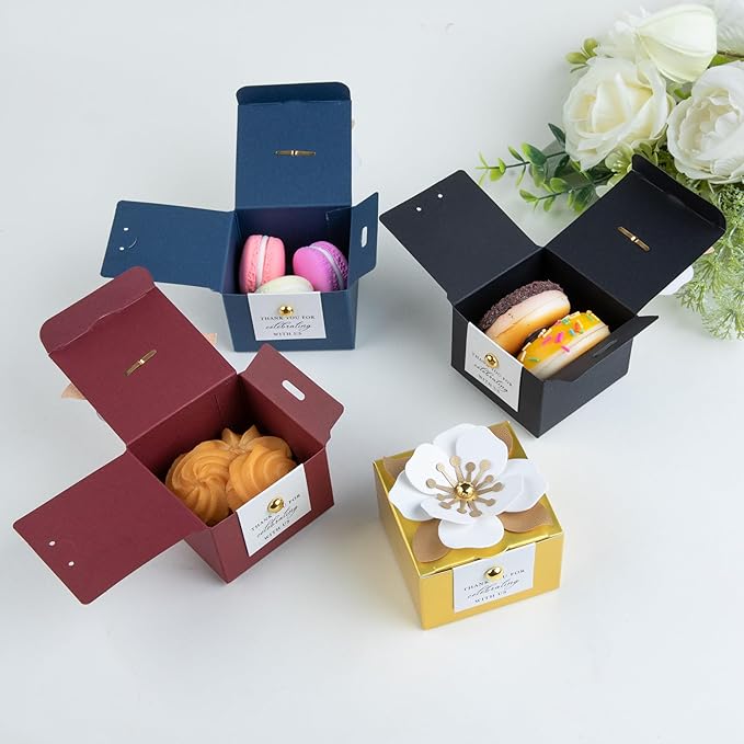 Gift Boxes, 20 Black Candy Boxes with White Floral Decor and Tags
