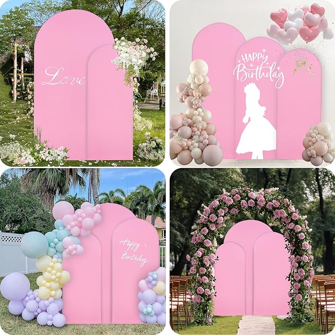 WEERRW Pink Arch Backdrop Cover Set of 2 Spandex Fitted Round Top Chiara Backdrop Stand Stretchy Wedding Covering for Event Birthday Party Banquet Decoration (6FT, 7.2FT)