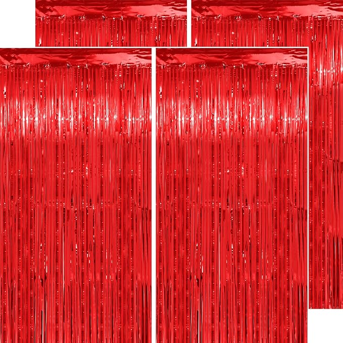 Red Metallic Streamers 3.2 x 8.2 FT, 4 Pack with 23μm Thick Film