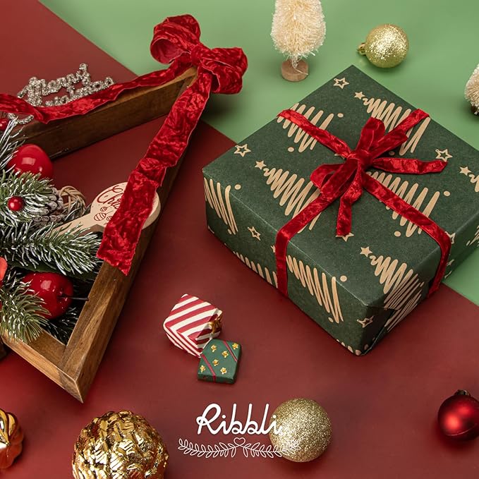 Ribbli Red Velvet Ribbon 1 Inches Luxury Crinkled Red Christmas Ribbon for Gift Wrapping Crafts Home Decor-Continuous 10 Yard