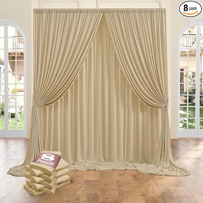 8 Panels Beige Backdrop Curtains for Party Background, Wrinkle Free Beige Photo Curtains Backdrop Drapes Back Drop Cloth for Wedding Birthday Photography Baby Shower Decor, 40ftx10ft