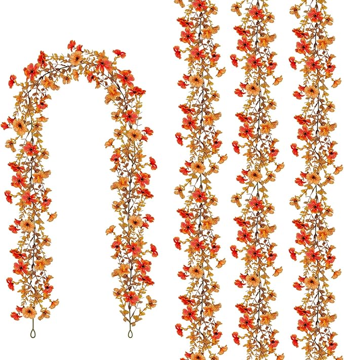 4 Pack Artificial Fall Flowers Garland, 6 FT Fall Decorations Fake Mums Floral Vines UV Resistant Faux Hanging Flower Ivy Garland for Home Party Table Wall Decor (Orange + Autumn Yellow)