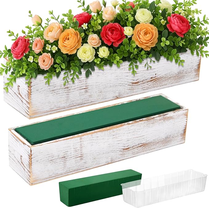 Wooden Planter Boxes Set of 2, Rectangular White with Liners and Foam