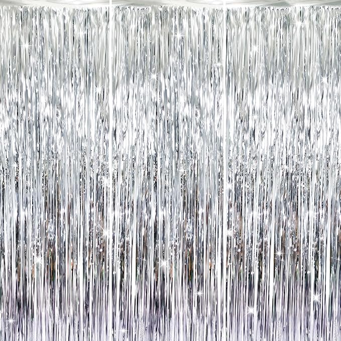 GOER 3.2 ft x 8.2 ft Metallic Tinsel Foil Fringe Curtains Party Photo Backdrop Party Streamers for Birthday,Graduation,New Year Eve Decorations Wedding Decor (Silver,3 pcs)