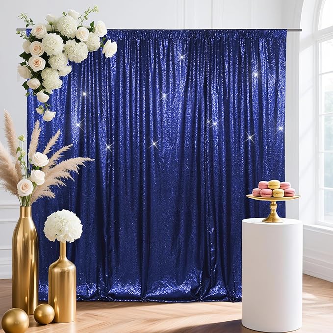 SquarePie Sequin Backdrop Background Curtain Less Transparent Sparkly for Wedding Party 6FT x 8FT Navy Blue