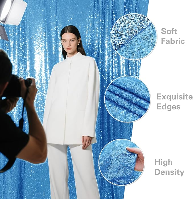 Blue Sequin Backdrop Curtain 4 Pieces 2FTx8FT Glitter Photography Backdrop for Party Wedding Birthday Christmas Decorations