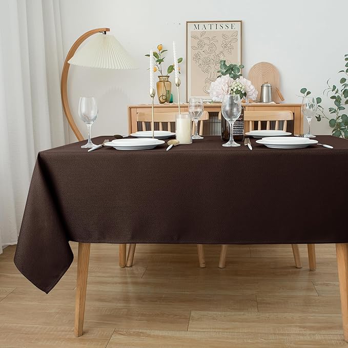 Biscaynebay Textured Fabric Tablecloths 70x108 Inches Rectangular, Brown Water Resistant Tablecloths for Dining, Kitchen, Wedding and Parties etc. Machine Washable