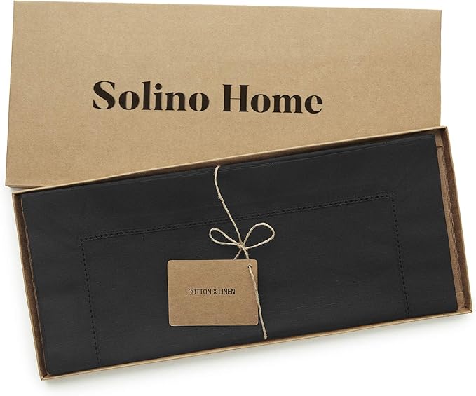 Solino Home Black Hemstitch Table Runner 60 Inches - Cotton Linen Small Table Runner 14 x 60 Inch Ideal for Dresser and Coffee Tables - Fall, Autumn, Halloween, Thanksgiving, Holiday