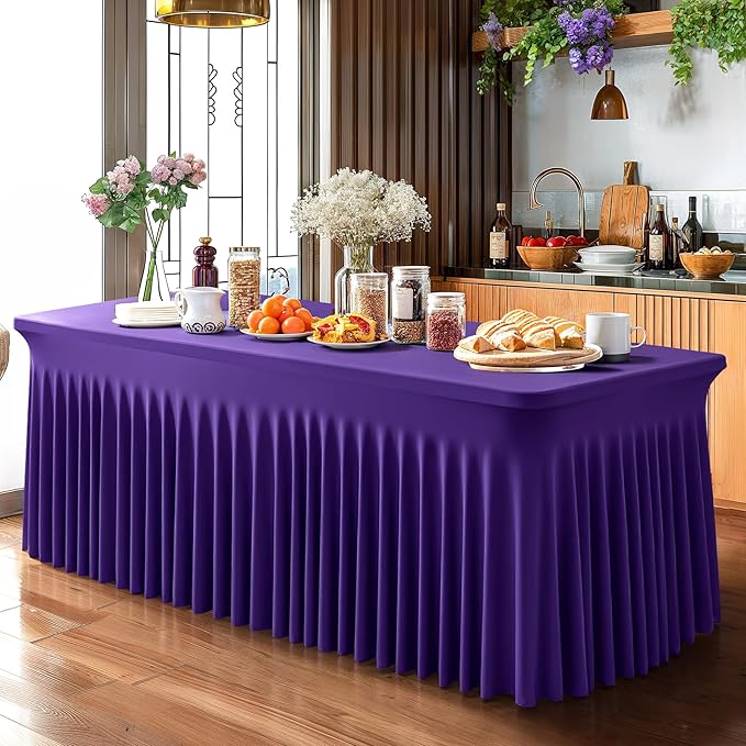 Wish Care 6 Pack Dark Purple Spandex Table Clothes for 6 Foot Rectangle Tables, 6FT Wrinkle Free Fitted Tablecloths Ruffles Design Table Cover for Party, Banquet, Wedding and Events