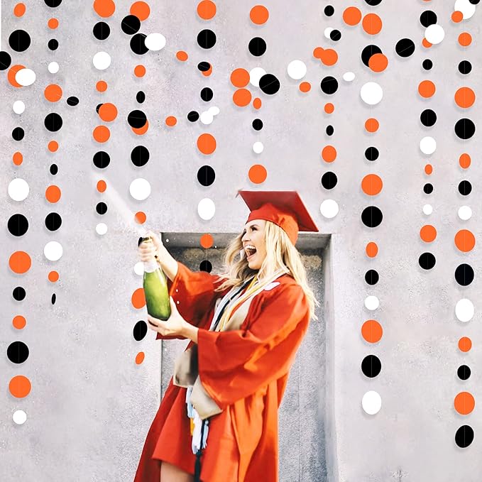 46Ft Orange Black Circle Dot Garland Black Orange and White Polka Dot Hanging Paper Streamer for Birthday Wedding Bridal Shower Baby Shower Fall Autumn Halloween Thanksgiving Party Decoration Supplies