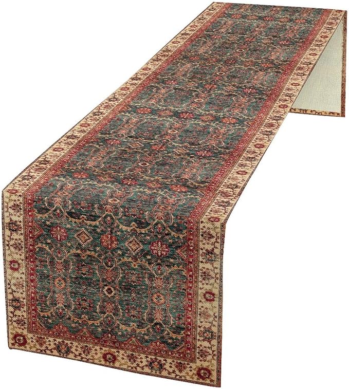 Vintage Boho Floral Table Runner, Rustic Country Farmhouse Red Teal Retro Flower Pattern for Home Kitchen Table Decor Dining Coffee Room Party Decor 13x36in