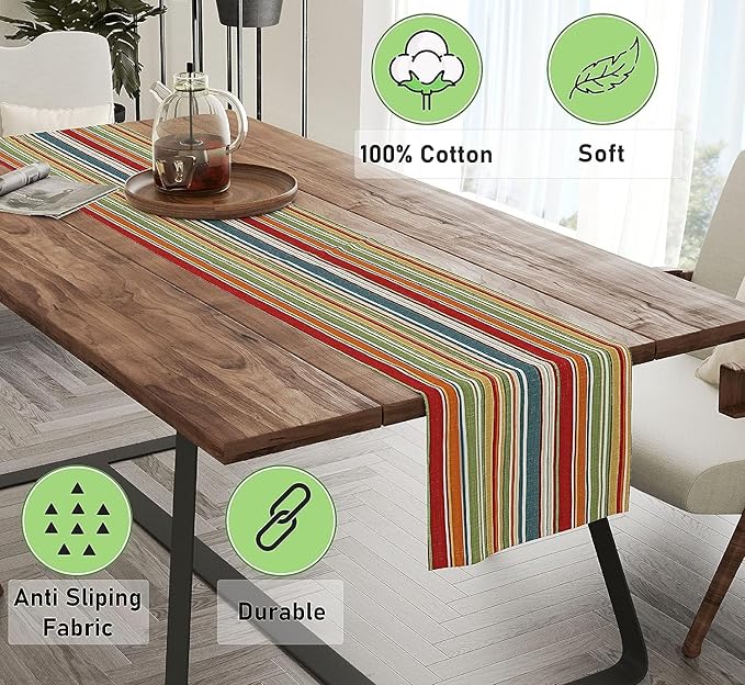 Ruvanti 100% Cotton Table Runner 108 Inches Long, Non-Slip, Stain Resistant, Washable & Reusable Table Runners Perfect for Wedding, Parties, Christmas, Holiday, in-Door use - Multi Stripe