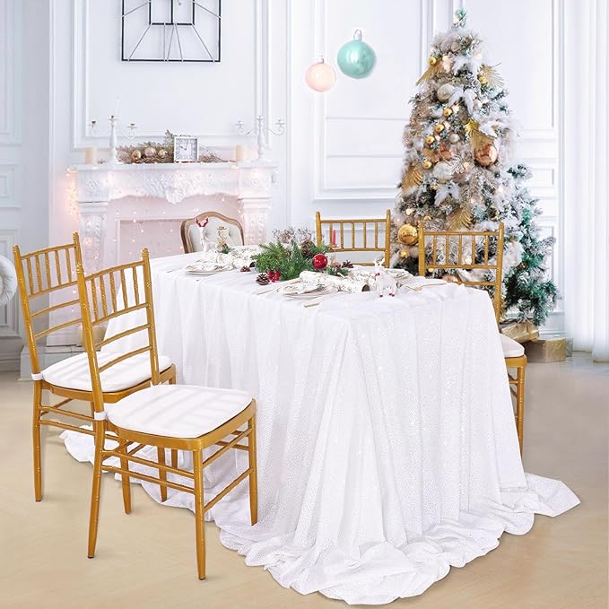 QueenDream White Sequin Tablecloth Rectangle 90 x 156 Inch Table Cloth for Wedding Bridal Shower Party Decorations
