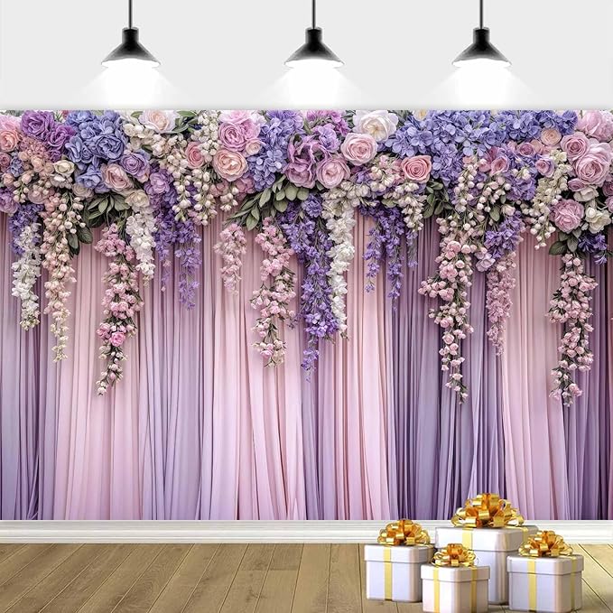 5x3ft Purple Flower Wedding Photography Backdrop Lavender Floral Wedding Bridal Photography Backdrop Anniversary Birthday Baby Shower Girl Party Banner Photo Booth Props Background Wall Decor