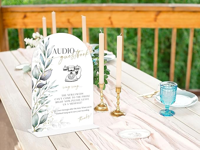 Acrylic Wedding Signs, Greenery Theme Audio Guestbook Sign, Wedding Reception Signage, Bridal Shower Table Decor with Stand, Engagement, Anniversary, Newlywed Events and Parties Supplies, 16