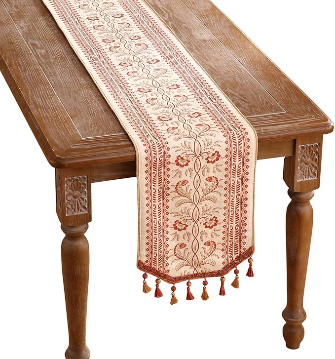 ISAENNE Designer Vintage Linen Table Runner 71 Inches Long,Red Floral Pattern Modern Decor Table Runners for Dining Tables,Thanksgiving,Kitchen Tables,Christmas,Banquet,12"*71"-Chamonix A