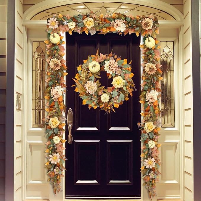 Garland with Pumpkins, Maple Leaves and Flowers, 72 Inch Fall Plastic