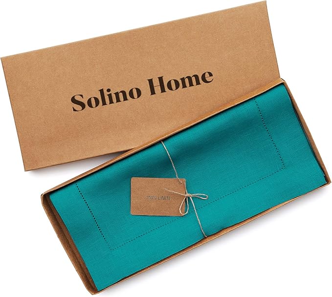 Solino Home Linen Teal Table Runner 132 Inches Long - 100% Pure Linen Extra Long Table Runner 14 x 132 Inch for Fall, Autumn - Classic Hemstitch