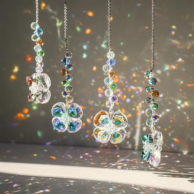 HDCRYSTALGIFTS 4pcs Four Leaf Clover Sun Catchers with Crystals Rainbow Prisms Window Suncatcher Hanging Indoor Decorations, St Patricks Day Accessories Spiritual Gifts for Women, Mom, Family, Friends