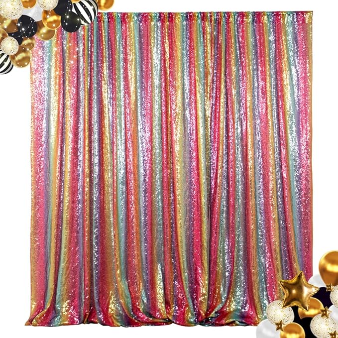 ShinyBeauty Sequin Backdrop Rainbow 10FTx10FT Fabric Curtain Shimmer Wall Backdrops for Photography Event Birthday Party Decor Backgrounds