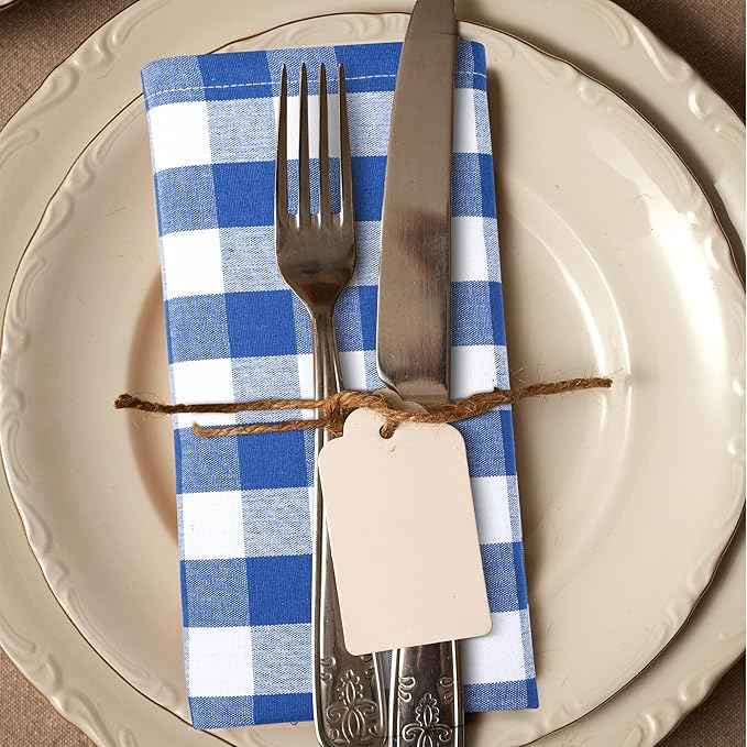 Cloth Dinner Napkins, 100% Cotton Checkered Blue and White, 20x20 Inch