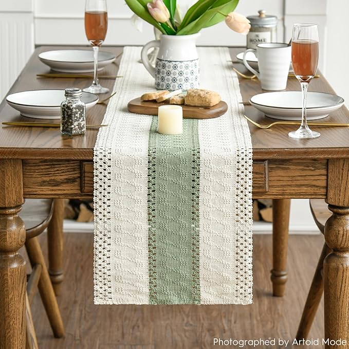 Artoid Mode Light Green Farmhouse Rustic Table Runner, Seasonal Holiday Hollow Kitchen Dining Table Decoration for Home Party Decor 12x108 Inch
