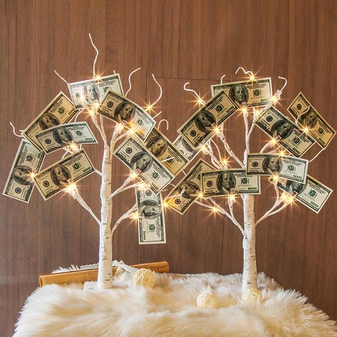 EAMBRITE Money Tree Gift Holder, Gift Card Tree 2FT 24LED, Lighted Birch Trees Battery/USB Powered Timer Photo Display with 12 Clear Clips and 12 Cards for Home Christmas Halloween Picture Memo 2 Pack