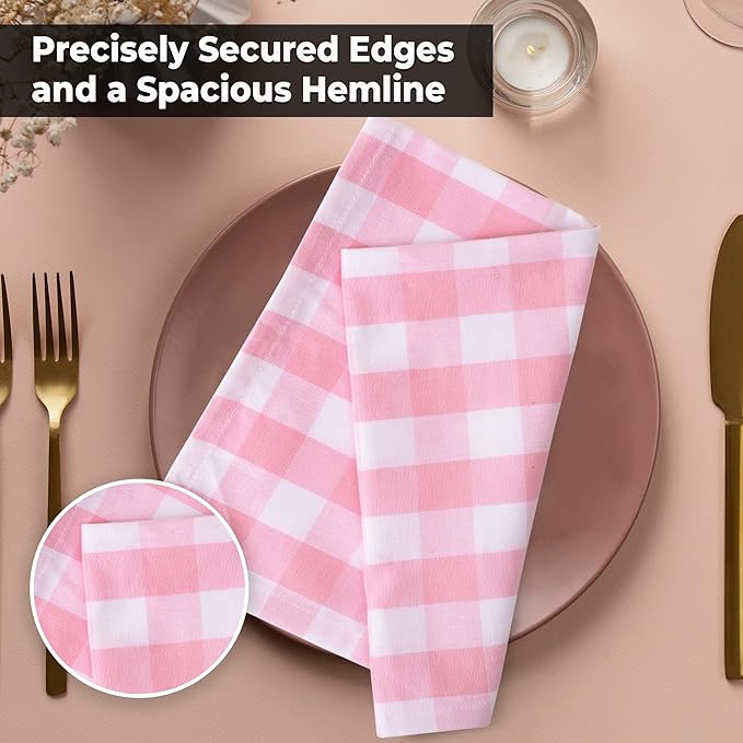 Cloth Dinner Napkins, 100% Cotton Checkered Pink, 20 x 20 Inch