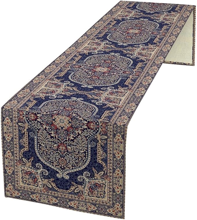 Boho Floral Vintage Table Runner, Blue Purple Retro Flower Rustic Country Farmhouse Pattern for Home Kitchen Table Decor Dining Coffee Room Party Decor 13x72in