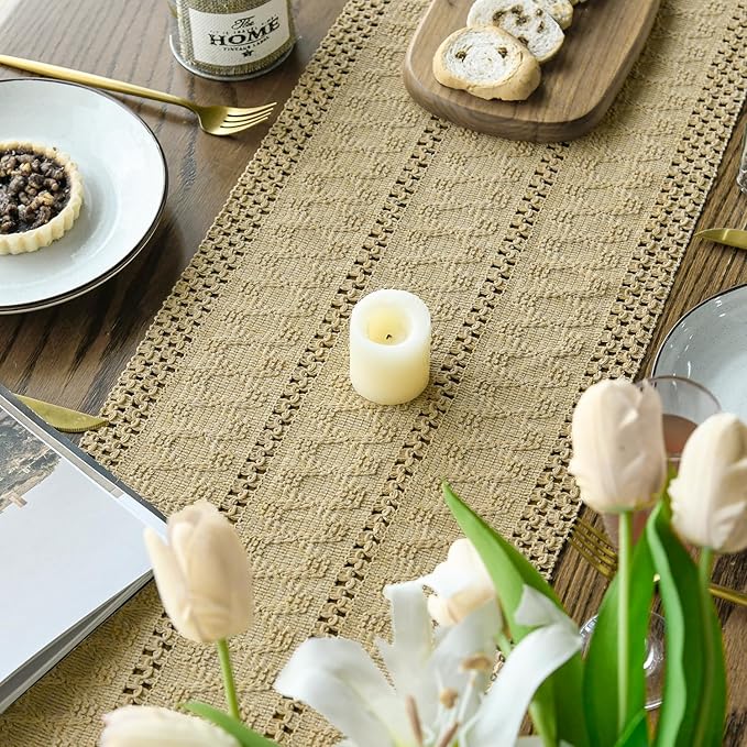 Artoid Mode Burlap Brown Farmhouse Woven Rustic Hollow Table Runner, Seasonal Holiday Kitchen Dining Table Decoration for Home Party Decor 12x36 Inch