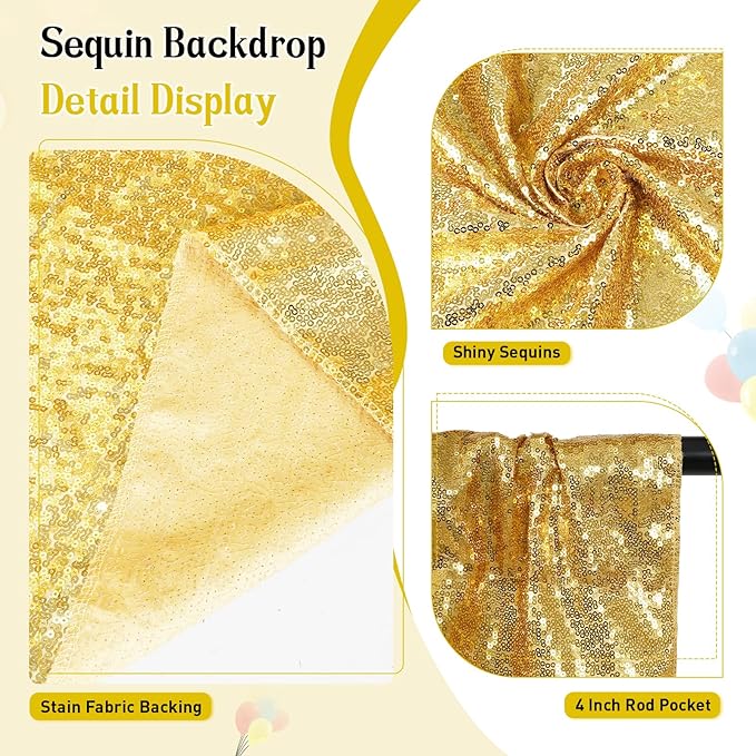 SquarePie Sequin Backdrop Curtain Less See Through Thick Background for Party 4FT x 8FT Gold