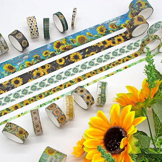 27 Rolls Washi Tape Set - Decorative Masking Tape Colored Sunflower Patterns, Adhesive Artists Tapes for Journaling Supplies, DIY Crafts, Scrapbooking, Junk Journal Supplies, School Supplies