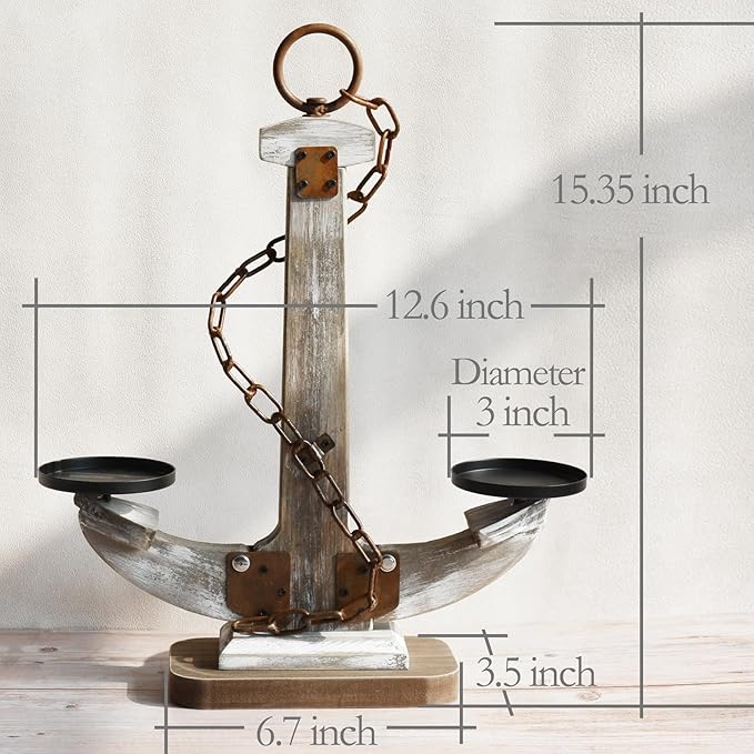 Wooden Anchor Candle Holder Coastal Decor Lake House Decor, Vintage Home Decor Candle Stand Table Centerpiece Candle Holder for 2 Candles, Nautical Decor Beach Decor Large Candles Stand