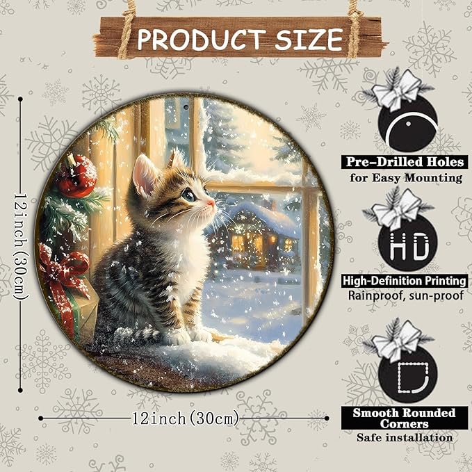 Round Christmas Sign Cats Vintage Metal Sign Christmas Kitten Retro Tin Sign Wall Decor for Home Office Bar Club Man Cave 12 * 12 in