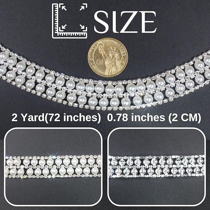 PEARLY JUN 2 Yards Pearl Rhinestone Trim Chain Silver Crystal Fringe Diamond Applique Ribbon String Tassel Strip for Sewing Wedding Dress Crafting Crafts Flower Embellishments
