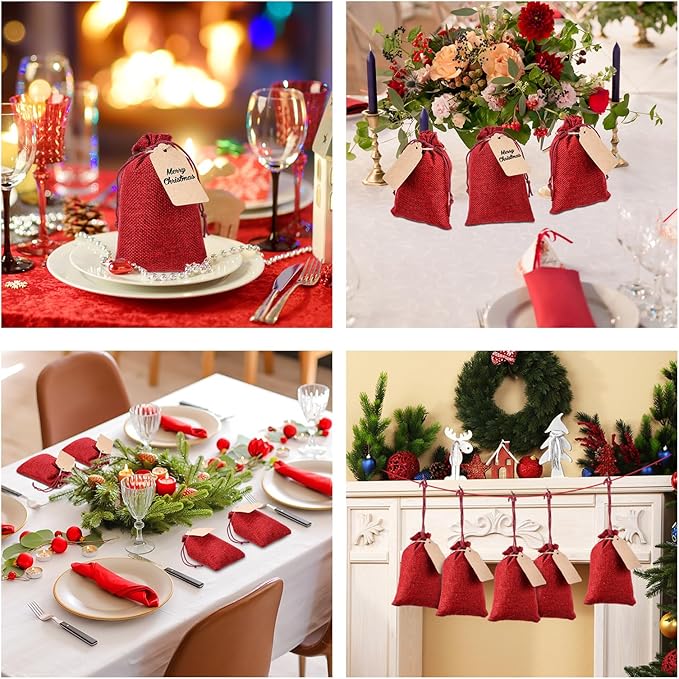 Gift Bags, 100 Burgundy Burlap Drawstring Bags with Kraft Gift Tags