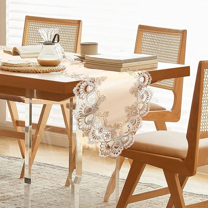 Vintage Lace Dining Table Runner, 72 Inches Macrame Coffee Table Runners for Kitchen Home Christmas Party Decorations (16x72 inch,Beige)