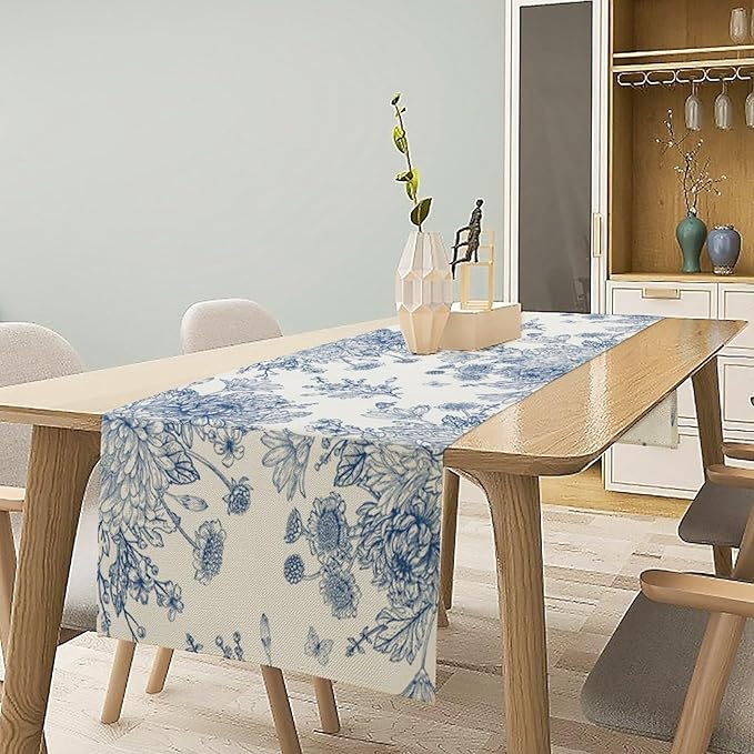 Chinoiserie Flower Table Runner, Seasonal Spring Fall Plants Blue Florals Dinner Runner for Home Kitchen Dining Table Party Holiday Decoration 13"x108"