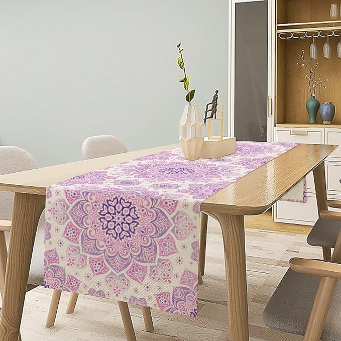 Purple Pink Mandala Table Runner, Traditional Indian Boho Mandala Flowers Print Table Runne for Kitchen Dining Table Office Wedding Party Holiday Home Decor, 13x90inch